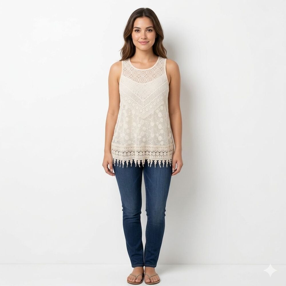 Haute Monde Cream Crochet Lace Sleeveless Boho Tank Top M Romantic Sheer Top